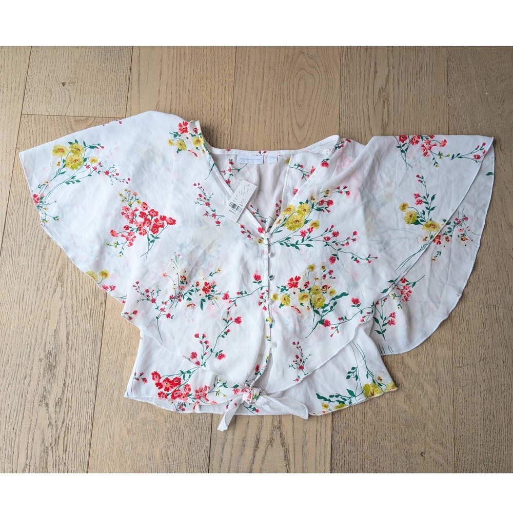 NY &‎ Co Cottagecore Womens White Floral Flutter Sleeve Tie Front crop Blouse XS